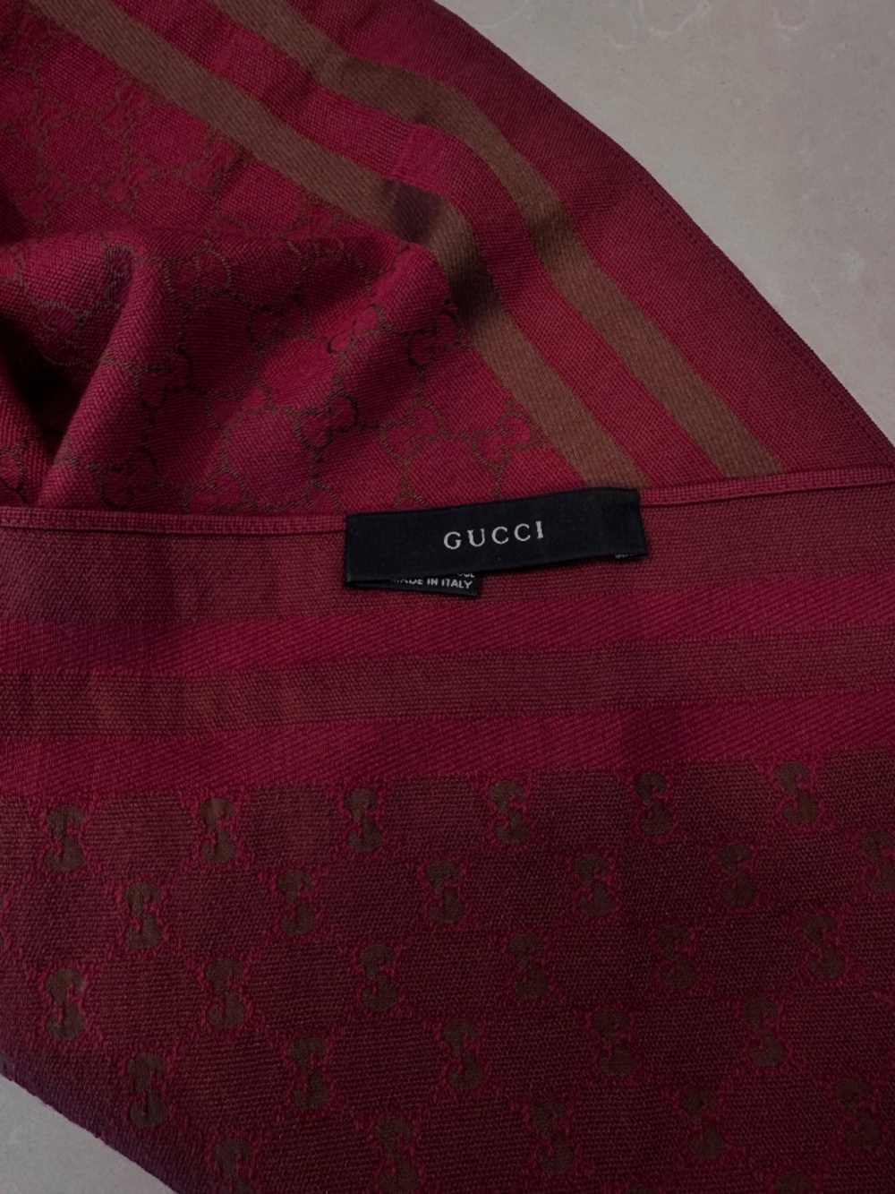 Authentic Gucci Diamente & GG Web Wool Blend Lightweight Scarf Maroon - Picture 6 of 7